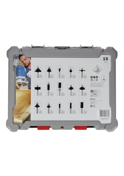 Förpackning med 15 borrfräsar, avbildning av borrning och produktinformation på framsidan.