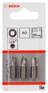 Förpackning med tre Bosch R2 bits, 25 mm, 1/4-tum fäste, i transparent plast och kartong.