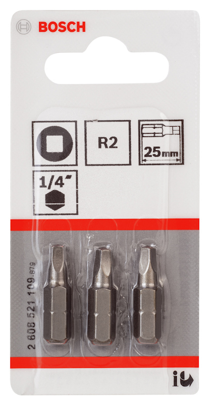 Förpackning med tre Bosch R2 bits, 25 mm, 1/4-tum fäste, i transparent plast och kartong.