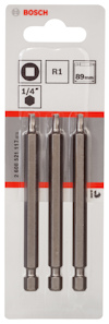 Förpackning med tre Bosch skruvbits, R1, 89 mm längd, 1/4" fäste.