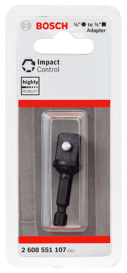 Förpackning med Bosch Impact Control adapter, text: "1/4'' to 1/4'' Adapter, 2 608 551 107".