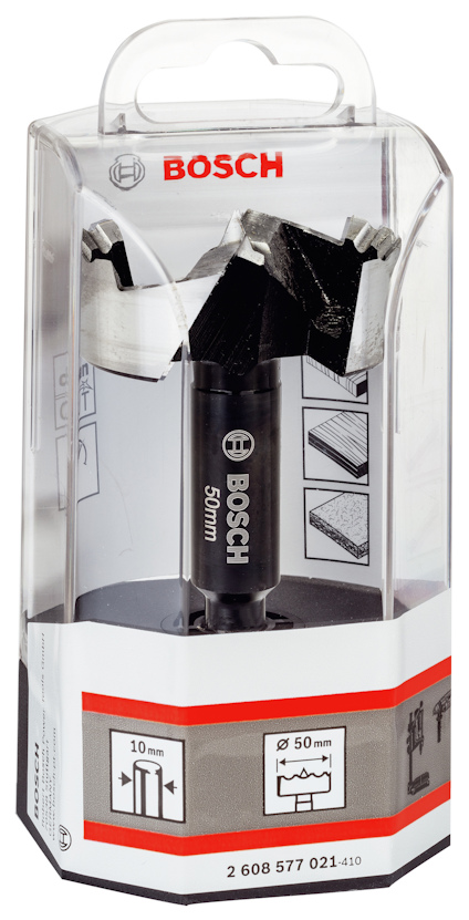 Förpackning innehållande en Bosch-borr med 50 mm diameter.