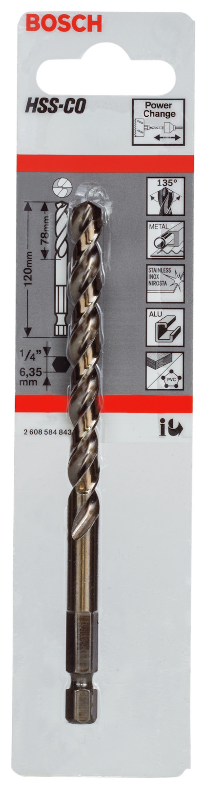 Borr från Bosch, förpackad på kartong med texten "HSS-CO" och 6,35 mm specificerad.