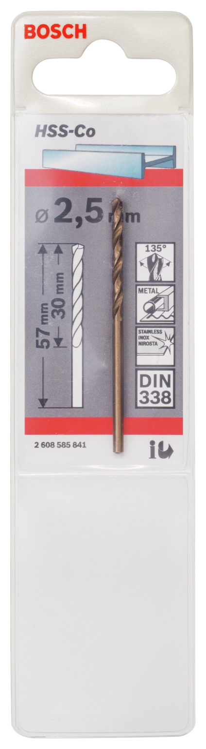 Förpackning med Bosch HSS-Co metallborr, 2,5 mm diameter, 57 mm längd, DIN 338 standard.