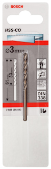 Förpackning med Bosch HSS-CO borr, 3 mm, DIN 338, med diagram och information på framsidan.