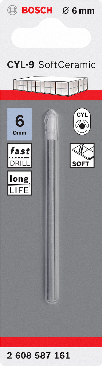 Förpackning med Bosch CYL-9 SoftCeramic borr, 6 mm, med symboler för snabb borrning och lång livslängd.