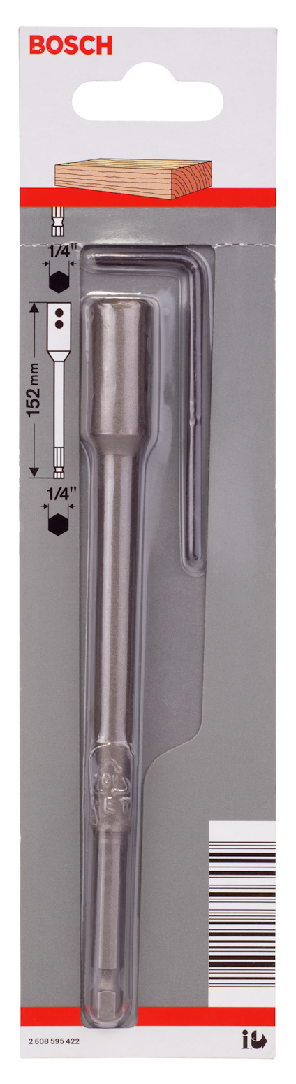 Förpackning med Bosch borrförlängare, 1/4 tum, 152 mm, med streckkod och produktinformation i röd och grå design.