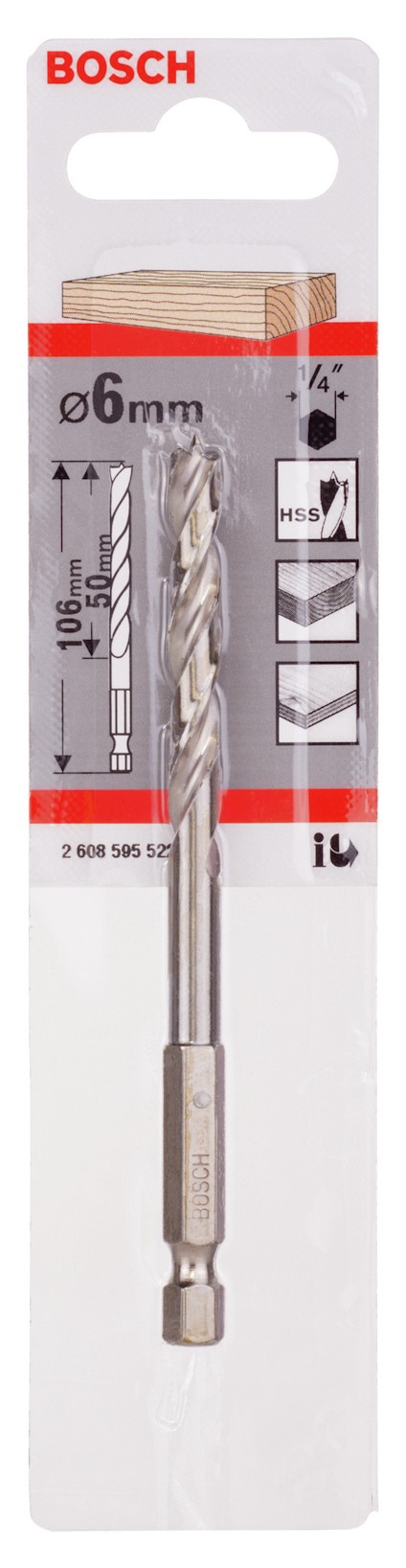 Förpackning med en Bosch 6 mm borr för trä, plast och metall, med angivelse av borrdjup och typ.