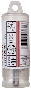 Transparent plasthylsa med etikett märkt "HSS" och borrdetaljer, inklusive diameter 10 mm och längd 133 mm.
