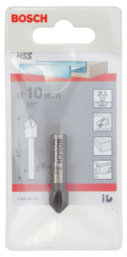 Förpackning med Bosch försänkare 10 mm, HSS, med symboler för trä, metall och plast.