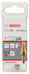 Förpackning för Bosch HSS-TIN stegborre, skärmått 4-20 mm, för rostfritt stål och andra material.