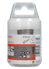 Borrkrona från Bosch med etikettinfo: "Ø 25 mm", symboler för material och varningar.