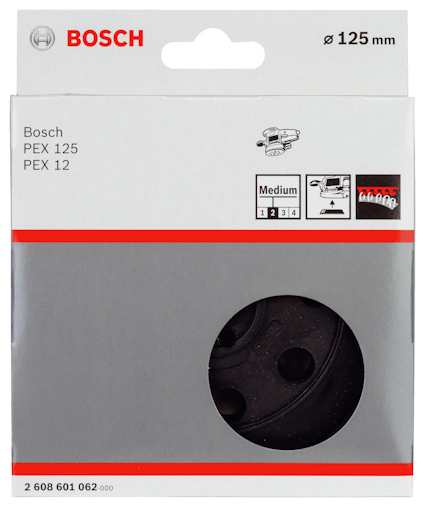 Förpackning med Bosch sliprondell för PEX 125, medium kornstorlek, 125 mm, svart.