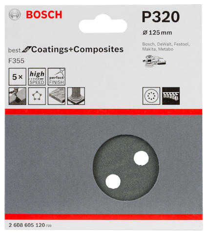 Sliprondell P320 Ø125 mm, Bosch, med två hål, för Coatings+Composites, kompatibel med Bosch, DeWalt, Festool, Makita, Metabo.