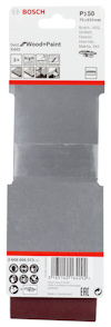 Slippapper från Bosch P150. Angiven storlek 75x533mm, för trä och färg. Förpackning med 3 st. Streckkod och produktnummer synlig.