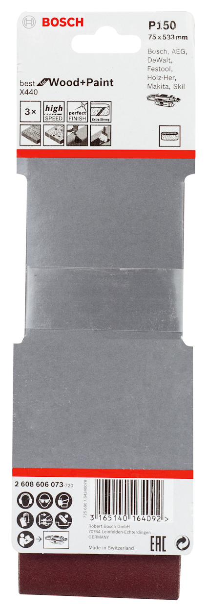 Slippapper från Bosch P150. Angiven storlek 75x533mm, för trä och färg. Förpackning med 3 st. Streckkod och produktnummer synlig.