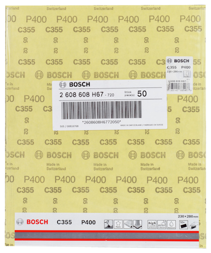 Förpackning med Bosch slipark, typ C355, kornstorlek P400, storlek 230x280 mm, 50 st.