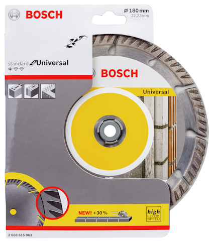 Förpackning med Bosch standard Universal kapklinga, 180 mm, hög hastighet, 22,23 mm arbor, förbättrad prestanda.