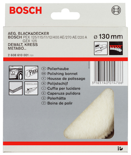 Förpackning med polerskiva från Bosch, 130 mm, med text på flera språk och illustrationer på baksidan.