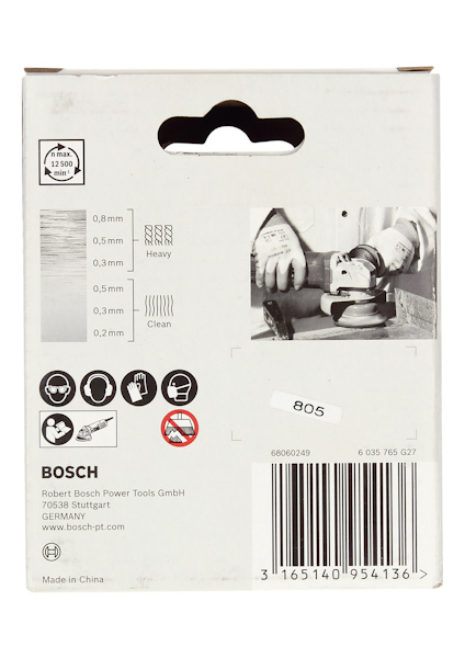 Förpackning med slippapper från Bosch. Visar olika grovlekar: 0,8 mm till 0,2 mm. Bild på verktyg och bruksanvisning. Kod: 3 165140