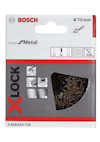Förpackning med Bosch X-Lock trådskiva för metall, Ø 75 mm, kort detaljrapport om kompatibilitet.