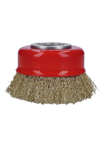 Rund borste med rödlackerat metallhölje och mässingsfärgad borst.