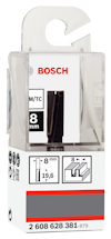 Förpackning med Bosch skärverktyg, 8 mm radie, skåra 8 mm, artikelnummer 2 608 628 381.