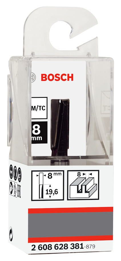Förpackning med Bosch skärverktyg, 8 mm radie, skåra 8 mm, artikelnummer 2 608 628 381.