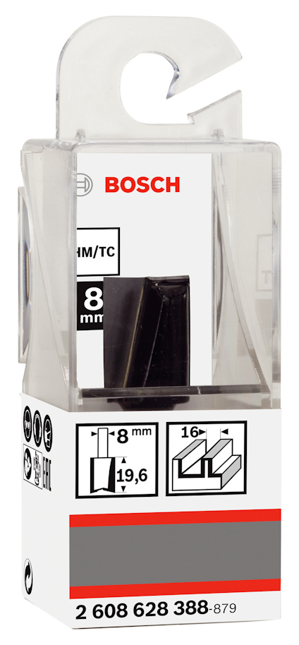 Förpackning innehållande en fräs från Bosch, märkning inkluderar "8 mm, 19,6 y."