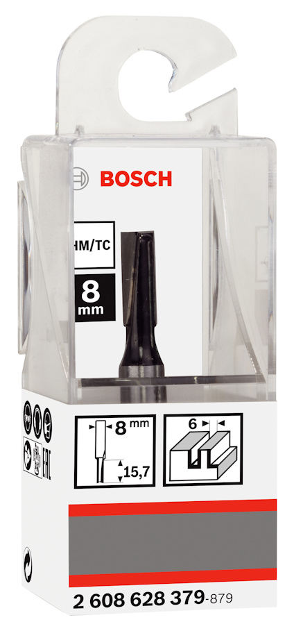 Förpackning med Bosch spårfräs 8 mm, produktnummer 2 608 628 379-879.