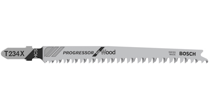 Sticksågsblad med texten "T234X", "PROGRESSOR for Wood" och "Bosch", tänder längs ena sidan.