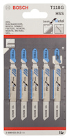Förpackning med fem Bosch T118G HSS sågblad för metall, med listade kompatibla verktygsmärken.