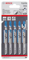 Förpackning med fem Bosch T127D HSS sågblad för sticksågar.
