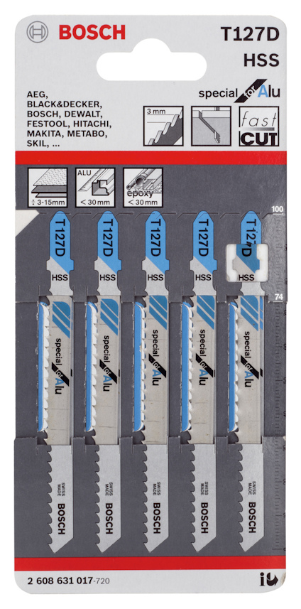 Förpackning med fem Bosch T127D HSS sågblad för sticksågar.