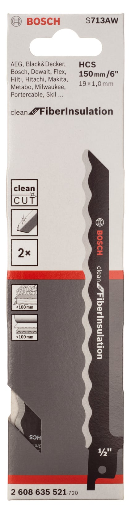 Förpackning för Bosch sticksågblad, modell S713AW, för fiberisolering, HCS, 150 mm, ren skärning, 2-pack.