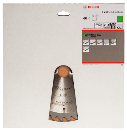 Förpackning av Bosch sågklinga, 250 x 3,2 x 30 mm, max 6000 min⁻¹, för träbearbetning.