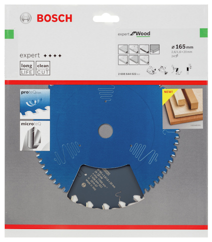 Förpackning med Bosch cirkelsågsklinga för trä, diameter 165 mm, blå klinga, bilder på skärteknik och text som betonar hållbarhet.