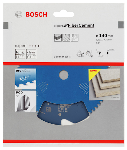 Förpackning av Bosch Expert Fiber Cement sågklinga 140 mm, med bilder på klingan och texten "NEW!".
