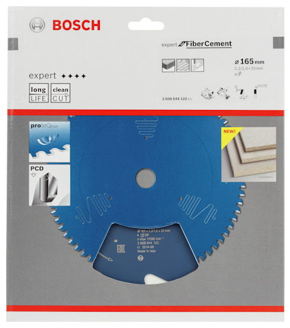Förpackning av Bosch sågklinga för fiberbetong, 165 mm med blå beläggning och tandad kant.