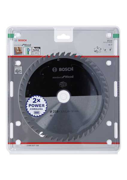 Cirkelsågblad från Bosch för trä, i förpackning, diameter 216mm, med 48 tänder, markering "2x Power Cordless".