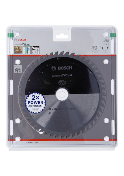 Rundsågklinga i förpackning, märkt "BOSCH" med text "standard for Wood" och "2x POWER CORDLESS".