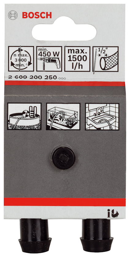 Förpackning med Bosch-adaptrar för vattenpump, med specifikationer och illustrationer för användning.