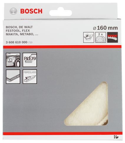 Förpackning av Bosch polerhätta, 160 mm, för bilar, plexiglas och fiberglas. Passar flera verktygsmärken.