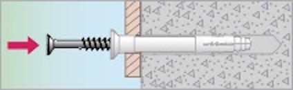 Illustration av skruv med plugg insatt i murverk, pil visar skruvens riktning.