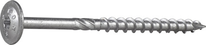 Metallskruv med ett stort huvud och spiralräfflad gänga, liggande horisontellt mot en grå bakgrund.