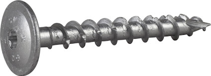 Metallskruv med bred skalle och spiralformad gänga mot en grå bakgrund.