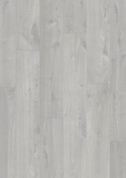 Laminatgolv med ljusgrå träplanksdesign.