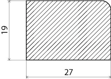 Teknisk ritning av ett rektangulärt objekt med måtten 19 x 27 och rundad hörn.