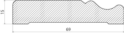Tvärsnittsritning av en profil med räfflad yta. Mått: höjd 15 mm, bredd 69 mm.
