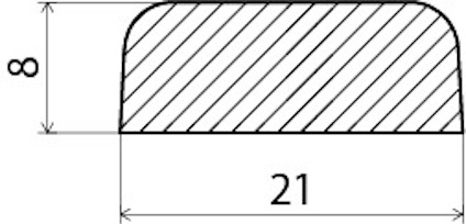 Vågrätt streckad rektangel med rundade hörn. Måtten är 21 enheter i bredd och 8 enheter i höjd.